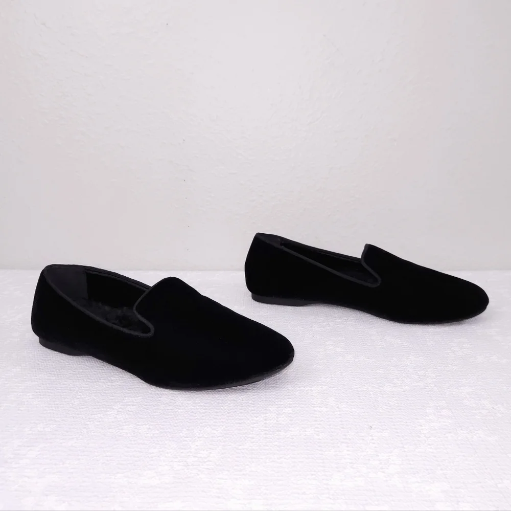 BIRDIES The Starling Velvet Flats US 8.5 Black Faux-Fur Lined Slip-On Loafer